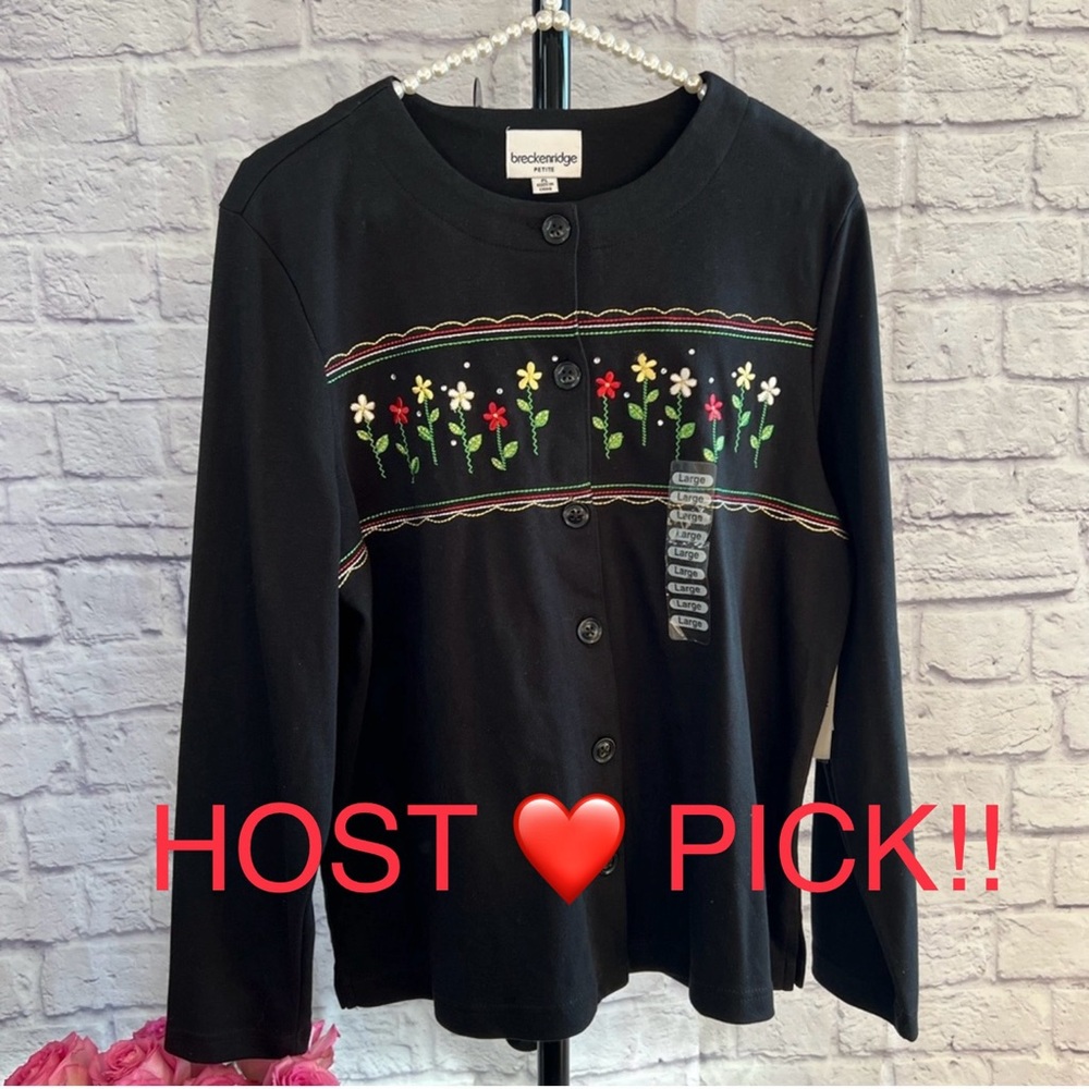 Breckenridge NWT Black Button Down Sweater with Flower Accents - Size LP - Picture 1 of 12